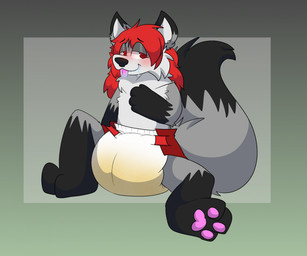 3_toes 4_fingers ambiguous_gender anthro big_diaper black_body black_ear_tips black_fur black_tail black_tail_tip bodily_fluids clothed clothing diaper diaper_only dipstick_ears dipstick_tail drooling ear_markings feet fingers fur genital_fluids gloves_(marking) gradient_background grey_body grey_ears grey_fur grey_inner_ear grey_tail hair half-closed_eyes leg_markings long_hair markings multicolored_body multicolored_ears multicolored_fur narrowed_eyes pawpads pink_pawpads red_hair saliva simple_background sitting smile socks_(marking) solo tail tail_markings three-quarter_view toes tongue tongue_out topless two_tone_tail unclean_diaper urine used_diaper wearing_diaper wet_diaper browniepoofbutt kota_(wittlewolfykota) canid canine canis mammal wolf full-length_portrait hi_res portrait