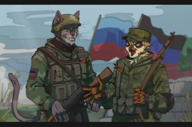 5_fingers ak-47 ak_platform anthro assault_rifle beak blurred_background building camo claws clothed clothed_anthro clothed_male clothing cloud donetsk_flag donetsk_republic duo finger_claws fingers fully_clothed fully_clothed_anthro fully_clothed_male furgonomic_helmet green_eyes gun hat headgear headwear house looking_at_another looking_at_viewer lugansk_flag lugansk_republic male male_anthro military military_helmet mosin-nagant orange_beak outside patch_(fabric) politics pupils ranged_weapon red_eyes ribbon_of_saint_george rifle rifle_sling sky slit_pupils soldier teeth three-quarter_view unsigned warrior weapon white_sclera gala_bobs jsc_kalashnikov_concern russo-ukrainian_war avian bird domestic_cat felid feline felis mammal owl 2024 alternate_version_at_source digital_media_(artwork) hi_res letterbox paint_tool_sai_(artwork) russian_description