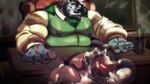 anthro balls belly big_belly bodily_fluids cum cum_in_mouth cum_inside duo ejaculation genital_fluids genitals male male/male musclegut muscular nipples oral oral_penetration penetration penis professor public public_sex sex teacher varon_(gameover) cursedmarked gameover_(game) canid canine mammal