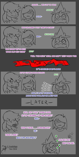 clothed clothing dialogue eyewear female fur glasses hair humor male scarf text arashidrgn deltarune undertale_(series) kris_dreemurr ralsei susie_(deltarune) bovid caprine darkner goat human mammal scalie 2018 comic english_text hi_res