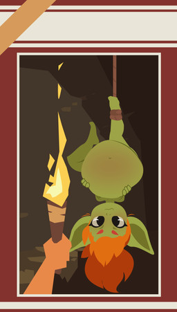 belly green_body hair hanging_upside_down not_furry nude orange_hair overweight solo torch upside_down smuggoblin goblin 2025 hi_res
