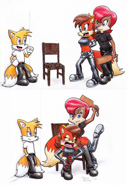 anthro being_watched belt bodily_fluids boots bottomwear bottomwear_down butt butt_slap chair clothed clothing corporal_punishment crying female footwear furniture group high_heeled_boots high_heels jacket laying_on_lap leather leather_bottomwear leather_clothing leather_jacket leather_pants leather_topwear looking_at_another male on_chair on_knee on_lap paddle paddling pants pants_down partially_clothed punishment reddened_butt shoes sitting sitting_on_chair slap spank_marks spank_marks_on_ass spanked_butt spanking spanking_paddle tears topwear trio rocketdave archie_comics sega sonic_the_hedgehog_(archie) sonic_the_hedgehog_(comics) sonic_the_hedgehog_(series) fiona_fox miles_prower sally_acorn canid canine chipmunk fox ground_squirrel mammal rodent sciurid hi_res