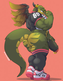 anthro big_penis butt clothing facial_piercing footwear genital_piercing genitals green_body green_scales hand_on_own_penis hand_on_penis horn horn_jewelry horn_ring huge_penis humanoid_genitalia humanoid_penis jewelry legwear looking_at_viewer male muscular muscular_anthro muscular_male nose_piercing nose_ring pantsless_anthro pantsless_male penis penis_piercing piercing prince_albert_piercing ring_(jewelry) ring_piercing scales shirt shoes simple_background solo standing teeth thigh_highs topwear wings tylerstark mythology icarus_(darkgem) dragon mythological_creature mythological_scalie scalie 2022 hi_res