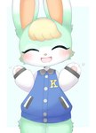 abstract_background ambiguous_gender animal_crossing anthro blonde_hair blush bottomless clothed clothing eyes_closed fluffy fur gesture green_body hair handpaw hi_res jacket kuzuyu lagomorph leporid letterman_jacket looking_at_viewer male_(lore) mammal multicolored_body multicolored_fur nintendo open_mouth open_smile pawpads paws rabbit sasha_(animal_crossing) smile solo topwear two_tone_body two_tone_fur waving waving_at_viewer