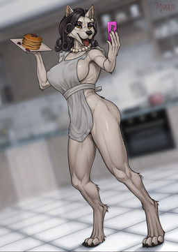 4_toes 5_fingers anthro apron apron_only barely_visible_genitalia barely_visible_vulva black_hair black_nose cellphone clothing electronics fangs feet female fingers food fur gem genitals hair hindpaw humanoid_hands jewelry necklace nude nude_anthro nude_female open_mouth open_smile pancake paws pearl_(gem) pearl_necklace phone pink_body pink_fur smartphone smile solo standing teeth toes tongue tongue_out vulva mansilite canid canine canis mammal wolf hi_res
