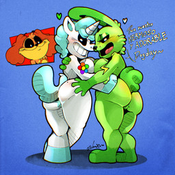 1_horn anthro big_butt black_nose black_sclera blue_background blue_hair blue_hooves blush breast_squish breasts brown_body brown_fur butt butt_grab cheek_tuft dialogue eyelashes facial_tuft female fur genitals green_body green_fur group hair hand_on_butt hooves horn looking_back male mole_on_butt nude open_mouth open_smile orange_body orange_fur rear_view simple_background smile squish text thick_thighs trio tuft vulva white_body white_eyes white_fur white_horn wide_hips yellow_body yellow_fur danigrex2n mob_entertainment mythology poppy_playtime smiling_critters craftycorn dogday_(poppy_playtime) hoppy_hopscotch canid canine canis domestic_dog equid equine lagomorph leporid mammal mythological_creature mythological_equine rabbit unicorn 1:1 absurd_res chromatic_aberration hi_res