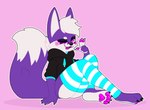 anthro big_ears bioluminescence blue_clothing blue_leggings blue_legwear blush cheek_tuft clothing facial_tuft fluffy fluffy_hair fluffy_tail fur glowing hair happy leggings legwear looking_at_viewer magenta_markings magenta_pawpads male one_eye_closed pawpads paws purple_body purple_eyes purple_fur sitting smile solo tail tuft white_hair wink winking_at_viewer dignotion voyde_(vocitus40000) canid canine fox mammal