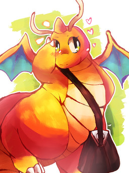 antennae_(anatomy) anthro bag belly claws female green_background green_eyes membrane_(anatomy) membranous_wings orange_body simple_background solo white_background wings yellow_body felipotyphlosion mythology nintendo pokemon dragon dragonite generation_1_pokemon mythological_creature mythological_scalie pokemon_(species) scalie absurd_res hi_res