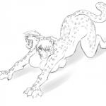 2_heads 4_breasts all_fours anthro ass_up big_breasts biped breasts female lying multi_breast multi_head multifur nude on_front open_mouth simple_background solo stretching tail white_background yawn nateday cheetah felid feline mammal 1:1 hi_res monochrome