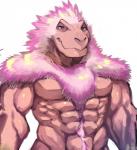 abs anthro biceps body_hair feathers happy_trail male muscular muscular_anthro muscular_male pecs pink_body pink_feathers simple_background solo white_background star_parlor dinosaur prehistoric_species reptile scalie 2019 hi_res