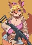 accessory anthro belt belt_buckle big_breasts bottomwear bow_ribbon bra breasts buckle buxom cleavage clothed clothed_anthro clothed_female clothing collar combat_vest female fingerless_gloves gloves gun hair_accessory hair_bow hair_ribbon handwear heterochromia holding_gun holding_object holding_ranged_weapon holding_rifle holding_weapon holding_with_two_hands looking_at_viewer ranged_weapon ribbons rifle shorts solo thick_thighs topwear underwear vest weapon lroach combat_cat_studio wild_assault akai_hime_(wild_assault) canid canine fox mammal