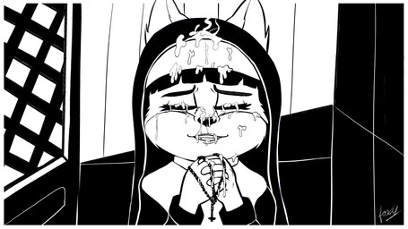 after_sex anthro beads biped black_nose bodily_fluids clothed clothing confession_booth cross cum cum_on_clothing cum_on_face cum_on_hand eyebrows eyes_closed female genital_fluids messy nun nun_habit nun_outfit prayer_beads praying praying_hands religious_clothing rosary solo teeth young young_anthro young_female foxy101 canid canine fox mammal 16:9 2023 4k absurd_res black_and_white hi_res monochrome widescreen