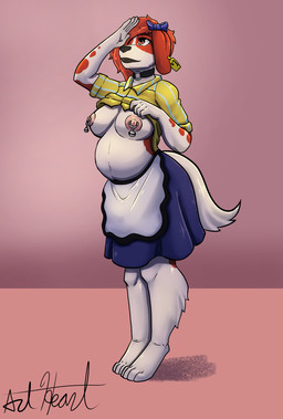 accessory anthro apron areola bell bell_piercing belly big_belly big_breasts blue_bottomwear blue_clothing blue_skirt bottomwear bow_ribbon breasts brown_eyes chef chef_uniform choker clothed clothing clothing_lift collar digitigrade ear_bow ear_piercing ear_tag exposed_belly exposed_chest female fur gesture hair_accessory hair_bow hair_ribbon jewelry lips looking_offscreen looking_up multicolored_body multicolored_fur navel necklace nipple_bell nipple_dip nipple_piercing nipples offscreen_character overweight partial_nudity partially_clothed pattern_clothing piercing pink_nipples ribbons salute serving shirt shirt_lift short_sleeved_shirt short_sleeves simple_background skirt solo standing standing_at_attention striped_clothing stripes submissive submissive_anthro submissive_female tail thick_lips topwear uniform white_apron white_clothing yellow_clothing yellow_shirt yellow_topwear bear213 della_(windluck) bird_dog canid canine canis domestic_dog hunting_dog irish_setter mammal setter 2022 hi_res shaded signature simple_shading