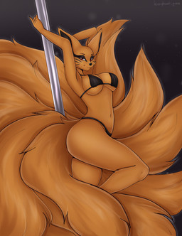 9_tails anthro bedroom_eyes bikini breasts clothing crossgender dancing female looking_at_viewer multi_tail narrowed_eyes pole seductive solo striptease swimwear tail text thick_thighs two-piece_swimsuit hierophant_green_(artist) naruto kurama canid canine fox mammal absurd_res hi_res
