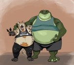 anthro arm_around_shoulders belly big_belly bone claws clothed clothing duo feet fur gesture green_body green_skin hand_gesture hand_on_belly hand_on_shoulder male markings membrane_(anatomy) moobs navel nipples obese obese_anthro obese_male open_mouth open_smile overweight overweight_anthro overweight_male smile spots spotted_body spotted_fur standing tan_body tan_fur teeth text toe_claws toes tongue v_sign webbed_feet featherhead amphibian frog hyena mammal spotted_hyena toad_(frog) digital_media_(artwork) english_text full-length_portrait portrait