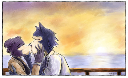 anthro duo female kissing male male/female romantic romantic_ambiance romantic_couple seaside sunset mr.foxman beastars juno_(beastars) legoshi_(beastars) canid canine canis mammal wolf 2025 hi_res