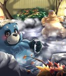 anthro balls bathing belly big_belly black_nose blue_body blush brown_body detailed_background duo flaccid genitals humanoid_hands kemono male outside overweight overweight_male penis sitting steam towel towel_on_head tolsche bear canid canine mammal raccoon_dog tanuki 2022 absurd_res hi_res