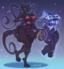 4_arms 4_toes 5_fingers animal_genitalia anthro areola balls big_breasts biped black_body black_fur black_tail breasts claws feet fingers front_view fur genitals glistening glistening_areola glistening_breasts glistening_nipples gynomorph intersex looking_at_viewer multi_arm multi_breast multi_limb navel nipples nude nude_anthro nude_gynomorph nude_intersex penis sheath smile solo standing tail toes yellow_eyes tlt_echelon dungeons_and_dragons hasbro wizards_of_the_coast javiera_(skanra) displacer_beast 2025 digital_drawing_(artwork) digital_media_(artwork) hi_res