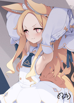 accessory animal_ears arms_bent blonde_hair blush bow_(feature) box cat_smile clothing container dress female flat_chested fluffy_ears hair hair_accessory happy long_hair looking_at_viewer necktie pink_eyes raised_arms sleeveless_dress white_clothing white_dress young young_female young_humanoid mofunamako blue_archive nexon seia_(blue_archive) animal_humanoid avian bird canid canid_humanoid canine canine_humanoid fox_humanoid humanoid mammal mammal_humanoid signature