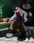 anthro bunsen_burner chair clothing furniture laboratory_equipment male paws potion scientific_instrument snout solo tail text torn_clothing transformation catmonkshiro canid canine canis domestic_dog mammal 2012 english_text hi_res