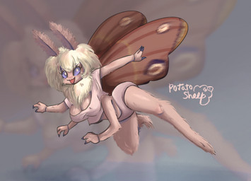 4_arms antennae_(anatomy) anthro big_breasts breasts clothed clothing female fluffy fur hair multi_arm multi_limb nipple_outline simple_background smile solo white_body white_fur wings potatosheep marisa_(potatosheep) arthropod insect lepidopteran moth digital_media_(artwork) hi_res intersex_(lore)