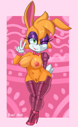 anthro areola big_breasts bow_tie breasts brown_pubes clothing cotton_tail eyelashes eyeshadow female footwear front_view fur genitals gesture gloves green_eyes hand_behind_back hand_gesture handwear head_tuft heart_symbol high_heels looking_at_viewer makeup navel nipples nude one_eye_closed orange_body orange_fur pattern_background pink_areola pink_background pink_bow_tie pink_clothing pink_footwear pink_high_heels pink_nipples prosthetic prosthetic_limb pubes purple_eyeshadow shoes simple_background smile solo thick_thighs tuft v_sign vulva white_body white_clothing white_fur white_gloves white_handwear wide_hipped_female wide_hips wink winking_at_viewer axel_hell archie_comics sega sonic_the_hedgehog_(archie) sonic_the_hedgehog_(comics) sonic_the_hedgehog_(series) bunnie_rabbot lagomorph leporid mammal rabbit 2023 absurd_res digital_media_(artwork) hi_res