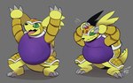 3_fingers 3_toes anthro belly black_nose claws feet fingers green_eyes grey_background grey_claws male open_mouth overweight pink_tongue shell simple_background smile solo tail toes tongue worried yellow_body johnnythecheesy bandai_namco digimon armadillomon digimon_(species) shaded