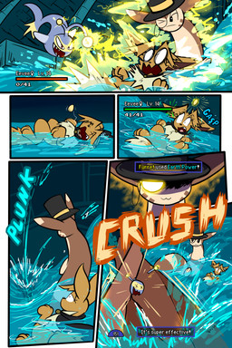 5_panel_comic ambiguous_gender black_cape black_clothing black_eyes black_nose blue_text brown_body brown_fur brown_hair cape clothing electricity exclamation_point eyebrows eyelashes eyewear feral floating_on_water fluffy fluffy_tail fur group hair hat headgear headwear inner_ear_fluff looking_at_another monocle neck_tuft one_eye_closed open_mouth open_smile page_number partially_submerged pawpads paws quadruped sharp_teeth smile sound_effects tail teeth text text_box tongue toony top_hat trio tuft water white_sclera white_text x_eyes yellow_text virmir nintendo pokemon pokemon_mystery_dungeon spike_chunsoft virmir_(character) eevee furret generation_1_pokemon generation_2_pokemon lanturn pokemon_(species) 2026 2:3 absurd_res comic english_text hi_res male_(lore)