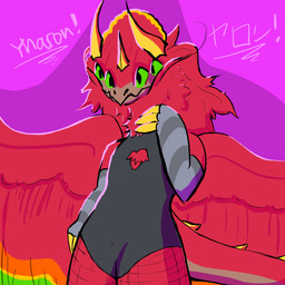 4_eyes anthro arm_warmers armwear clothing feathers fishnet_clothing fishnet_legwear fur green_eyes grey_clothing horn legwear male multi_eye red_body solo spiked_tail spikes spikes_(anatomy) tail lumifly mythology yharon_(calamity_mod) dragon feathered_dragon feathered_scalie furred_dragon furred_scalie mythological_creature mythological_scalie scalie 1:1