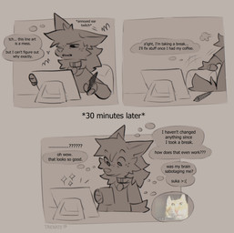 ambiguous_gender annoyed anthro chair clothing collar container cup dialogue drawing_tablet emanata freckled_face freckles front_view fur furniture holding_container holding_cup holding_drawing_pen holding_mug holding_object looking_at_object mouth_closed mug narrowed_eyes on_chair real sitting sitting_on_chair snout solo sparkles squint surprised tail text thought_bubble topwear whiskers white_body white_fur yellow_body yellow_fur trickate trickate_(trickate) domestic_cat felid feline felis mammal 2026 absurd_res artist_name comic digital_drawing_(artwork) digital_media_(artwork) english_text half-length_portrait headshot_portrait hi_res monochrome one_page_comic picture_in_picture portrait russian_text translated