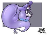 absorption_vore anthro big_breasts black_nose breast_absorption breasts duo eyewear female female_pred glasses grey_body grey_hair hair huge_breasts looking_up nipples non-mammal_nipples purple_body simple_background smile surprise vore rubbermage canid ghost humanoid mammal spirit 2020 hi_res