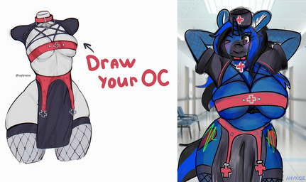 anthro big_breasts blush breasts clothing collar draw_your_ocs_in_this_challenge female hat headgear headwear horn inner_ear_fluff looking_at_viewer nurse_clothing nurse_hat nurse_headwear one_eye_closed seductive simple_background solo text tuft white_background wink winking_at_viewer anykoe hasbro my_little_pony mythology meem equid equine mammal mythological_creature mythological_equine unicorn english_text hi_res meme signature