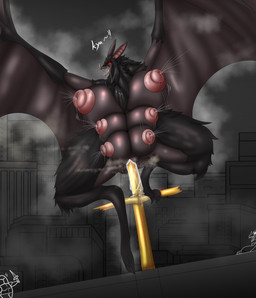 6_breasts anthro anthro_penetrated areola bat_ears big_breasts black_body black_fur bodily_fluids breasts building crouching drooling female female_penetrated fur genital_fluids genitals lactating looking_at_viewer masturbation membrane_(anatomy) membranous_wings milk multi_breast nipples nude outside penetration saliva snout solo spread_wings thick_thighs tongue tongue_out vaginal vaginal_fluids vaginal_penetration vulva winged_hands wings vf-01s bat mammal 2026 absurd_res hi_res