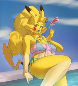 accessory anthro bikini blue_eyes blue_lips blue_lipstick bracelet clothing colored_nails female fur hair hair_accessory hairpin jewelry lips lipstick looking_at_viewer makeup nails ponytail slightly_chubby smile solo swimwear tail two-piece_swimsuit yellow_body yellow_fur pulred nintendo pokemon diamond_rodriguez_(mitzapizza) generation_1_pokemon mammal pikachu pokemon_(species) rodent absurd_res hi_res