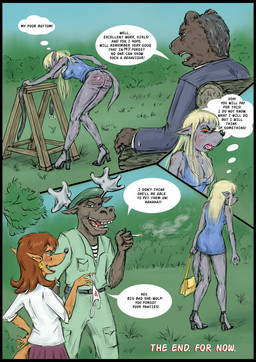 anthro black_border blonde_hair blue_eyes border butt butt_slap cigarette clothing corporal_punishment dialogue female footwear forest genitals group hair high_heels holding_clothing holding_object holding_panties holding_underwear humiliation judge judgement male panties plant profanity punishment reddened_butt shoes slap smoking smoking_cigarette spank_marks spank_marks_on_ass spanked_butt spanking tail teasing text tree underwear whip whipping gesperax bear canid canine canis deer domestic_rabbit dwarf_rabbit fox lagomorph leporid mammal moose new_world_deer oryctolagus rabbit true_fox wolf comic english_text hi_res