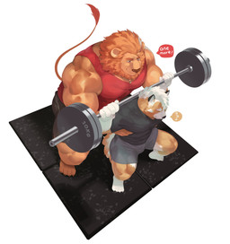 4_toes anthro barazoku barbell big_muscles bodily_fluids bottomwear brown_nose clothing duo exercise eyebrows feet fur huge_muscles jewelry male male/male mane multicolored_body multicolored_fur muscular muscular_anthro muscular_male necklace orange_body orange_fur plantigrade red_eyes shirt shorts speech_bubble sweat t-shirt tank_top text thick_eyebrows toes topwear two_tone_body two_tone_fur weightlifting white_body white_fur workout bogexboog canid canine canis domestic_dog felid herding_dog lion mammal pantherine pastoral_dog welsh_corgi 2021 absurd_res english_text hi_res