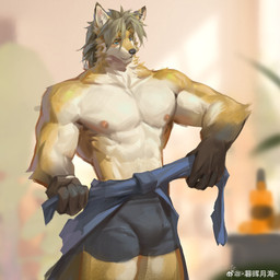 anthro biped black_bottomwear black_clothing black_nose blue_eyes blurred_background bottomwear bulge clothed clothing front_view fur gloves_(marking) hair inner_ear_fluff male male_anthro markings messy_hair mouth_closed muscular muscular_anthro muscular_male nipples solo standing topless tuft white_body white_fur white_inner_ear_fluff yellow_body yellow_fur awaldkize canid canine fox mammal 1:1 2024 absurd_res dated hi_res portrait three-quarter_portrait