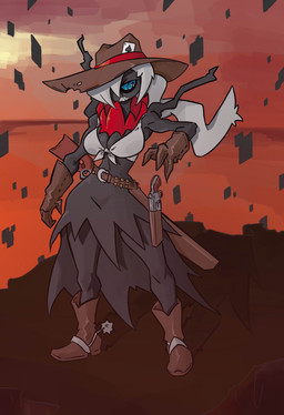 3_fingers ace_of_spades anthro anthrofied belt black_body black_bottomwear black_clothing black_skirt blue_eyes blue_sclera boots bottomwear breasts bullet card card_in_hat claws clenched_teeth clothed clothing cowboy_boots cowboy_hat cowboy_outfit cowgirl_outfit female finger_claws fingers footwear gloves gun hair handgun handwear hat headgear headwear holster holstered_revolver long_hair looking_aside one_eye_obstructed playing_card pokemorph ponytail pseudo_clothing ranged_weapon reaching_for_weapon red_body revolver rifle sharp_teeth shirt shoes skirt solo spurs standing teeth tied_shirt topwear twilight twilight_realm weapon white_clothing white_hair white_topwear snoutless nintendo pokemon darkrai generation_4_pokemon legendary_pokemon pokemon_(species) 2025 absurd_res digital_drawing_(artwork) digital_media_(artwork) hi_res