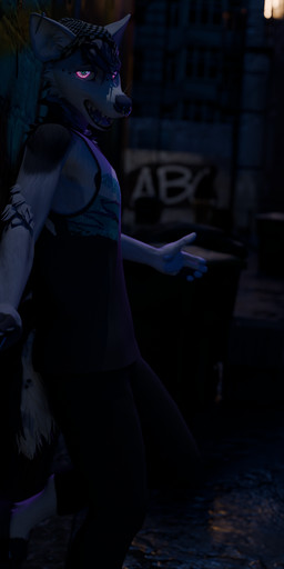 alley anthro clothed clothing ear_piercing ear_ring facial_piercing fur hair looking_at_viewer male open_mouth piercing ring_piercing smile solo standing tail topwear disgruntled_(artist) kapka_(modeler) asher_(hyena) hyena mammal spotted_hyena 3d_(artwork) absurd_res digital_media_(artwork) hi_res