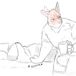 anthro blush bodily_fluids bulge clothed clothing coffee_mug duo erection erection_under_clothing male sweat gato_matero gato_matero_(character) canid canine canis domestic_cat domestic_dog felid feline felis mammal 1:1 black_and_white hi_res line_art monochrome