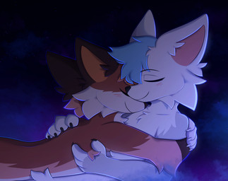 4_fingers anthro black_claws black_nose blue_hair blush blush_lines cheek_tuft chest_tuft claws cuddling duo eyes_closed facial_tuft fingers fur hair intraspecies male male/male multicolored_body multicolored_fur nude short_hair sky smile snout tuft white_claws appliei canid canine fox mammal 2023 hi_res