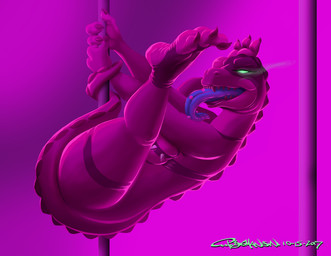 3_toes anthro breasts claws fangs feet female glowing glowing_eyes green_eyes licking long_tongue looking_at_viewer non-mammal_breasts open_mouth piercing pink_body pink_scales pole scales solo spines spread_legs spreading stripper teeth toe_claws toes tongue tongue_out tongue_piercing wrinkled_feet wrinkles thebigmansini adult_swim cartoon_network rick_and_morty interstellar_demon_stripper dinosaur prehistoric_species reptile scalie theropod 2017 digital_media_(artwork) signature