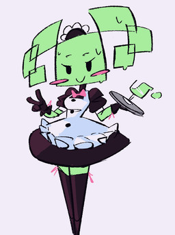 black_clothing black_dress black_eyes black_gloves black_handwear black_legwear black_thigh_highs blush blush_stickers bow_tie breasts clothing dress female gesture gloves green_body green_hair green_skin grey_background hair half-closed_eyes hand_gesture handwear holding_tray legwear maid_headdress maid_uniform medium_breasts narrowed_eyes not_furry pigtails pink_blush pink_bow_tie simple_background smile solo square_(anatomy) square_head standing thigh_highs uniform v_sign souupbox mario_bros nintendo paper_mario mimi_(paper_mario) humanoid 2022 digital_media_(artwork)