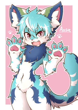 anthro blue_body blue_pawpads blush cheek_tuft chest_tuft facial_tuft female female_anthro fluffy fluffy_tail green_body hair kemono messy_hair pawpads pink_background pink_eyes pink_paws short_hair simple_background solo tail tuft white_body white_hands acky05 aosa_(vincent31010) domestic_cat felid feline felis mammal hi_res