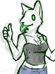 5_fingers anthro breasts clothed clothing female fingers fur green_eyes green_tongue long_tongue solo tongue tongue_out white_body white_fur unknown_artist vix canid canine fox mammal 3:4