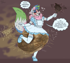 anthro armwear big_diaper biped blue_armwear blue_body blue_clothing blue_dress blue_footwear blue_fur blue_hair blue_legwear blue_shoes blue_tail bulge cleaning_tool clothed clothing crossdressing diaper dress embarrassed eyes_closed fart feather_duster feces footwear fur green_hair green_tail grey_body grey_fur grey_tail hair heart_symbol legwear maid_uniform male multicolored_body multicolored_fur multicolored_hair multicolored_tail onomatopoeia open_mouth open_smile pink_body pink_fur pink_hair pink_nose pink_tail sagging_diaper sharp_teeth shoes simple_background smile soiled_diaper soiling solo sound_effects speech_bubble stink_fumes stink_lines tail teeth text unclean_diaper uniform used_diaper wearing_diaper poofbuttrocky rocky_(poofbuttrocky) canid canine canis mammal wolf 2026 digital_media_(artwork) english_text hi_res