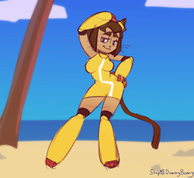 armwear beach black_clothing black_legwear bouncing_breasts breasts brown_body brown_fur brown_hair brown_tail clothing dress eyewear eyewear_on_head female floating_fingers front_view fur genitals goggles goggles_on_head hair hand_on_butt hand_on_hip legwear looking_at_viewer navel nipples outside pink_nipples plant red_eyes sand smile smirk solo standing tail tan_body tan_skin tree undressing vanishing_clothes vulva white_clothing white_dress wide_hips yellow_armwear yellow_clothing yellow_dress yellow_eyewear yellow_goggles yellow_legwear stupiddummybunny gameoverse glitch_productions kit_bodega animal_humanoid cat_humanoid felid felid_humanoid feline feline_humanoid humanoid mammal mammal_humanoid 2026 2d_animation animated hi_res loop
