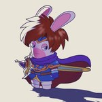 anthro cape clothing cosplay crossover_cosplay hair half-closed_eyes melee_weapon narrowed_eyes red_hair simple_background sword weapon white_background lueduar fire_emblem fire_emblem_the_binding_blade nintendo raving_rabbids rayman_(series) ubisoft roy_(fire_emblem) lagomorph mammal rabbid 1:1 2023 absurd_res crossover hi_res