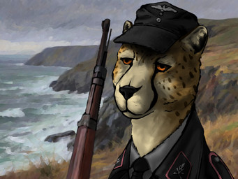 army_hat army_uniform beach clothed clothing cloud detailed_background fur german germany gun male markings ranged_weapon solo spots spotted_body spotted_fur spotted_markings standing text weapon world_war_2 amx32 cheetah felid feline mammal 2025 4:3 chinese_text digital_drawing_(artwork) digital_media_(artwork) english_text hi_res