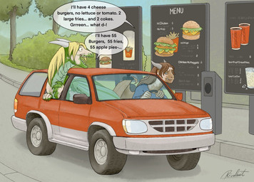 anthro blonde_hair blue_clothing blue_eyes blue_shirt blue_topwear brown_body brown_hair brown_scales car claw_growth claws clothing day dialogue duo female feral finger_claws green_body green_eyes green_scales growth hair human_to_feral long_hair long_neck membrane_(anatomy) membranous_wings mid_transformation open_mouth open_smile outside plant scale_growth scales shadow sharp_teeth shirt shrub sky smile snout snout_growth species_transformation speech_bubble suv teeth text topwear transformation tree vehicle wing_growth wings rivalmit european_mythology ford ford_explorer mcdonald's mythology dragon mythological_creature mythological_scalie scalie western_dragon english_text signature